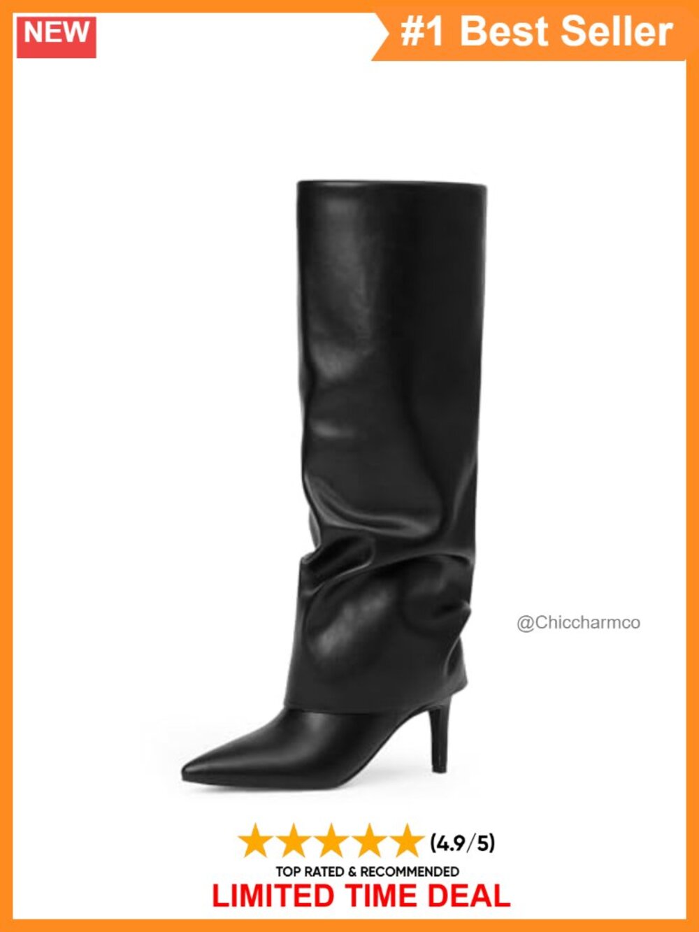 Fold Over Knee High Boots Faux Leather Pointed Toe Stiletto Heel Wide Calf